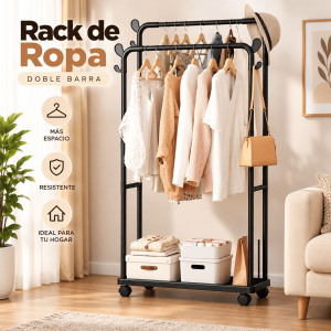 Rack de ropa doble barra con ruedas y base inferior para organizar prendas, accesorios, cajas o zapatos. Disponible por mayoreo.