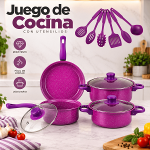 Juego de cocina con ollas, sartén, tapas de vidrio y utensilios. Diseño moderno y práctico para uso diario. Disponible por mayoreo.