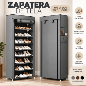 Zapatera de tela portátil con varios niveles, cubierta frontal y diseño práctico para organizar calzado en el hogar. Disponible por mayoreo.