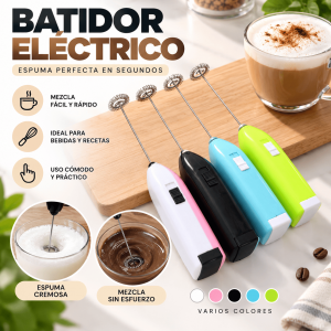 Batidor eléctrico de mano para espumar leche, mezclar bebidas y preparar recetas rápidas. Compacto, práctico y disponible por mayoreo.