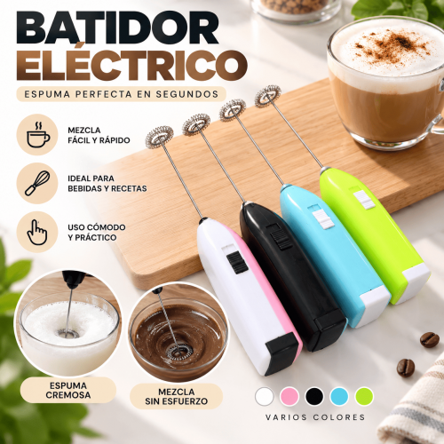 Batidor eléctrico de mano para espumar leche, mezclar bebidas y preparar recetas rápidas. Compacto, práctico y disponible por mayoreo.
