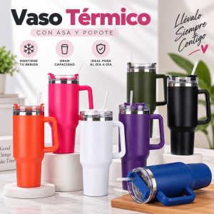 Vaso térmico con asa, de 30oz, tapa transparente y popote integrado. Diseño práctico y portátil para bebidas frías o calientes. Disponible por mayoreo.