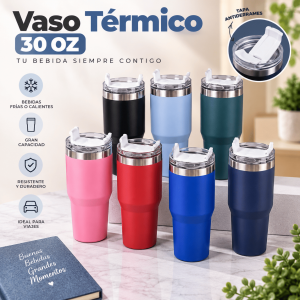 Vaso térmico de 30 oz con tapa antiderrames, diseño resistente y gran capacidad. Ideal para bebidas frías o calientes. Disponible por mayoreo