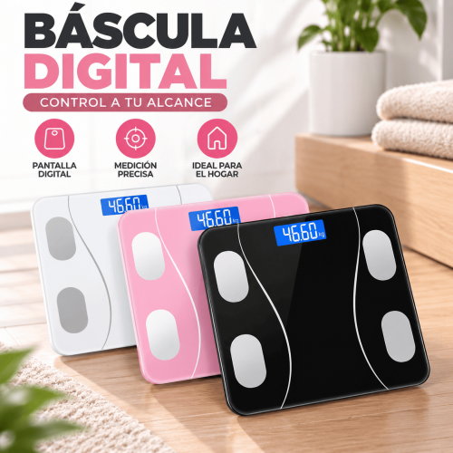 Báscula digital para baño con pantalla electrónica, superficie de vidrio y diseño moderno. Ideal para el control de peso en casa. Disponible por mayoreo.