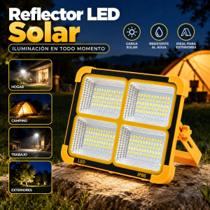 Reflector LED solar portátil con soporte ajustable, diseño resistente al agua e iluminación potente para exteriores, camping y emergencias. Disponible por mayoreo.