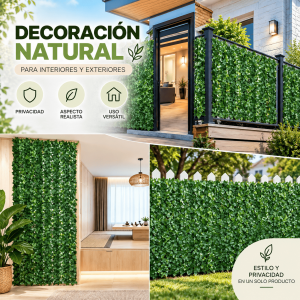 Panel de follaje artificial para decorar interiores y exteriores. Ideal para muros, cercas, balcones, terrazas y jardines. Disponible por mayoreo.