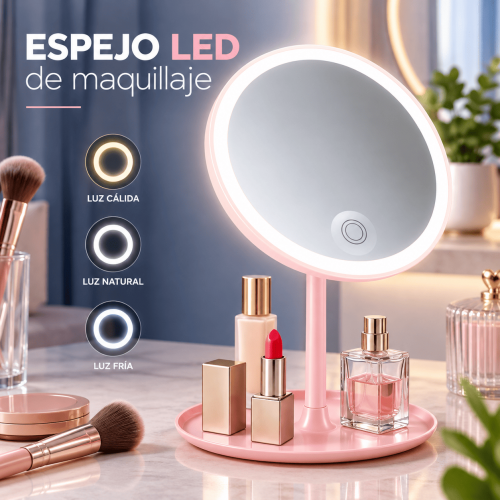 Espejo LED de maquillaje con luz cálida, natural y fría. Diseño de mesa ideal para tocador, baño o habitación. Disponible por mayoreo.
