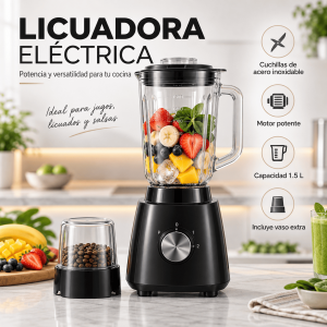 Licuadora eléctrica con vaso de 1.5 litros, cuchillas de acero inoxidable, motor potente y vaso extra. Ideal para jugos, licuados y salsas. Disponible por mayoreo.