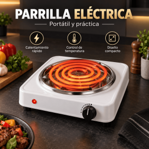 Parrilla eléctrica portátil con resistencia de calentamiento y perilla de control. Ideal para preparar alimentos en casa, oficina o viajes. Disponible por mayoreo.