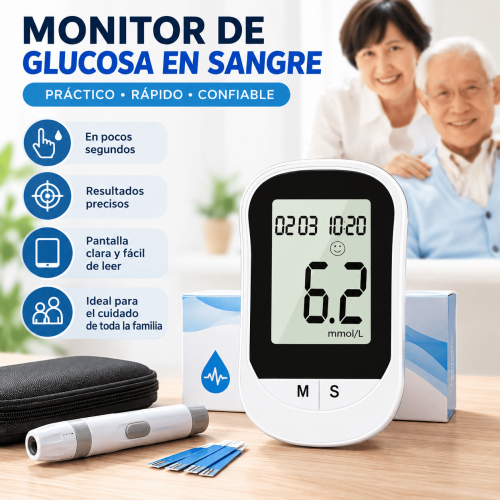 Monitor de glucosa en sangre práctico y fácil de usar, con pantalla clara, diseño compacto y accesorios para medición diaria. Disponible por mayoreo.