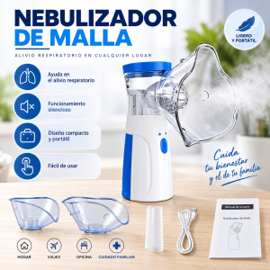 Nebulizador de malla compacto, ligero y fácil de usar, con funcionamiento silencioso y accesorios incluidos. Disponible por mayoreo.