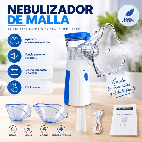 Nebulizador de malla compacto, ligero y fácil de usar, con funcionamiento silencioso y accesorios incluidos. Disponible por mayoreo.