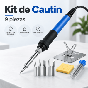 Kit de cautín eléctrico de 9 piezas con puntas intercambiables, soporte, esponja y estaño. Ideal para soldadura y reparación electrónica. Disponible por mayoreo.