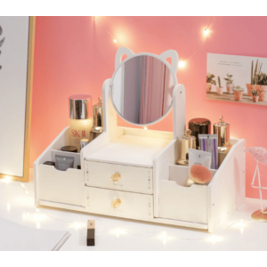 Organizador de maquillaje con espejo, cajones y compartimentos amplios para cosméticos, brochas y accesorios. Disponible por mayoreo