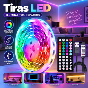 Tiras LED RGB con múltiples colores, control remoto y conexión USB. Ideales para habitación, sala, escritorio, cocina o decoración. Disponibles por mayoreo.