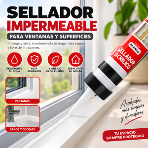 Sellador acrílico impermeable para ventanas, baños, cocinas y superficies del hogar. Ideal para mantenimiento y acabados limpios. Disponible por mayoreo.