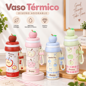 Vaso térmico con tapa decorativa, correa lateral y diseño adorable. Ideal para escuela, oficina, viajes y uso diario. Disponible por mayoreo.