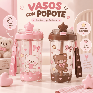 Vaso con popote, tapa abatible y correa lateral. Diseño adorable y práctico para uso diario, escuela, oficina o viajes. Disponible por mayoreo.