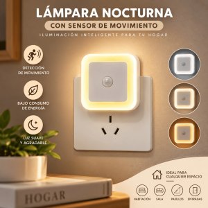 Lámpara nocturna LED para enchufe con sensor de movimiento, luz suave y bajo consumo. Ideal para habitación, pasillos, entradas y espacios interiores.