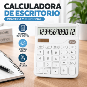 Calculadora de escritorio con pantalla de 12 dígitos, teclas grandes y energía solar. Ideal para oficina, escuela o negocio. Disponible por mayoreo