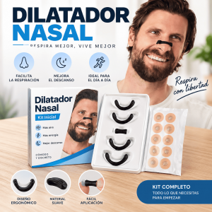 Kit de dilatador nasal externo con piezas reutilizables y adhesivos. Diseño cómodo y discreto para mejorar el flujo de aire. Disponible por mayoreo.