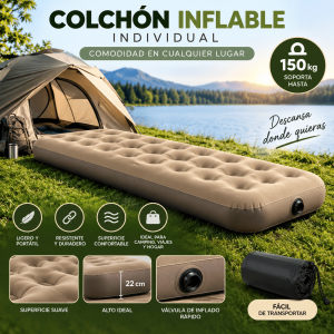 Colchón inflable individual, cómodo y fácil de transportar. Ideal para camping, viajes, visitas y uso en casa. Disponible por mayoreo.