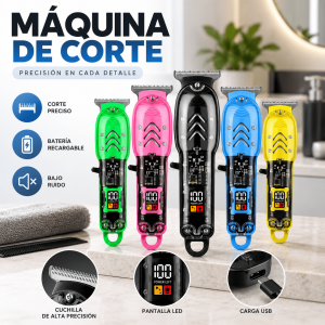 Máquina de corte recargable con cuchilla de precisión, pantalla LED y carga USB. Ideal para cabello, barba y retoques. Disponible por mayoreo.