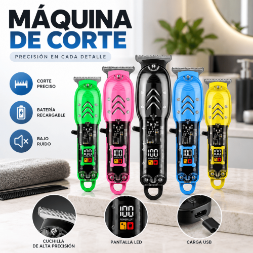 Máquina de corte recargable con cuchilla de precisión, pantalla LED y carga USB. Ideal para cabello, barba y retoques. Disponible por mayoreo.
