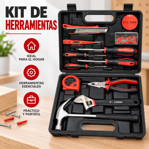 Kit de herramientas con estuche portátil, ideal para reparaciones, instalaciones y mantenimiento básico en el hogar. Disponible por mayoreo