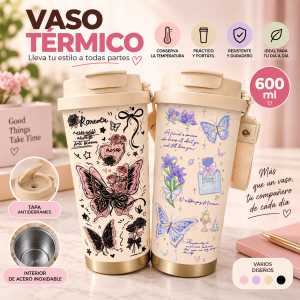 Vaso térmico de 600 ml con tapa antiderrames, interior de acero inoxidable y diseño decorativo. Ideal para uso diario. Disponible por mayoreo.