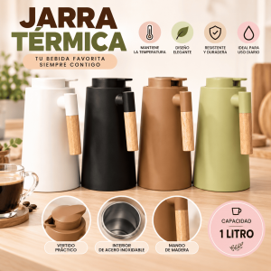 Jarra térmica de 1 litro con interior de acero inoxidable, tapa práctica y mango tipo madera. Ideal para bebidas calientes o frías. Disponible por mayoreo