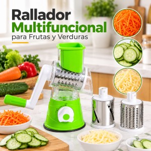 Rallador manual con cilindros intercambiables para rallar y rebanar alimentos fácilmente. Práctico para el uso diario. Venta por mayoreo.