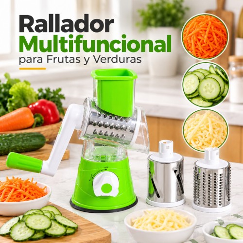 Rallador manual con cilindros intercambiables para rallar y rebanar alimentos fácilmente. Práctico para el uso diario. Venta por mayoreo.
