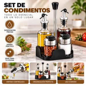 Set organizador de condimentos con aceiteras, especieros y base. Práctico y elegante para mantener los ingredientes organizados en la cocina. Venta por mayoreo.