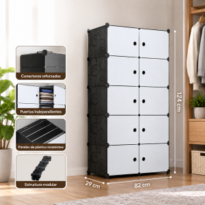 Organizador multiusos modular de 82 x 29 x 124 cm con compartimentos y puertas individuales. Ideal para ropa, accesorios y artículos del hogar. Venta por mayoreo.