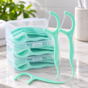 Palillos con hilo dental 2 en 1 para complementar la limpieza entre los dientes. Diseño práctico con punta y estuche organizador. Venta por mayoreo.