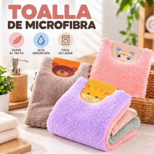 Toalla de microfibra suave con diseños de animalitos y variedad de colores. Práctica para el hogar. Disponible por mayoreo