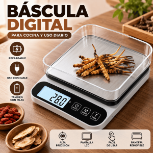 Báscula digital electrónica con pantalla LCD, función tara, bandeja removible y alta precisión. Recargable y de uso versátil. Venta por mayoreo.