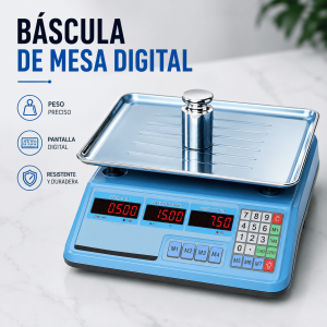 Báscula digital de mesa con plataforma de acero inoxidable, pantalla LED, función tara y cálculo de precio. Ideal para comercios. Venta por mayoreo.