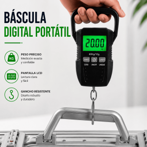 Báscula digital colgante de hasta 60 kg con pantalla LCD, función tara y gancho metálico resistente. Ideal para equipaje, paquetería y uso general. Venta por mayoreo.