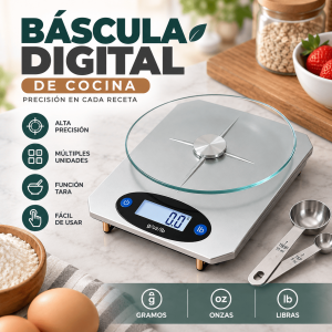 Báscula digital de cocina con plataforma de vidrio, pantalla LCD, función tara y múltiples unidades de medición. Venta por mayoreo.