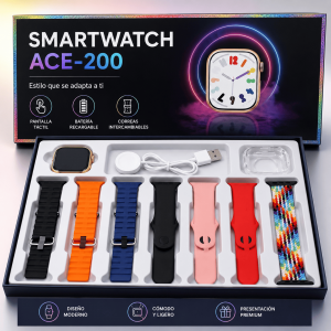Smartwatch ACE-200 con pantalla táctil, carga magnética y 7 correas intercambiables de colores. Presentación premium. Venta por mayoreo.