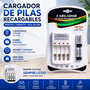 Cargador de pilas recargables AA y AAA, compacto, práctico y fácil de usar. Ideal para hogar, oficina y negocio. Disponible por mayoreo.