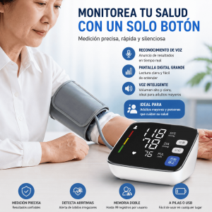 Monitor digital de presión arterial para uso en el hogar, ideal para revisar la presión de forma práctica y cómoda. Cuenta con brazalete para brazo, pantalla digital grande y función de voz para anunciar resultados.