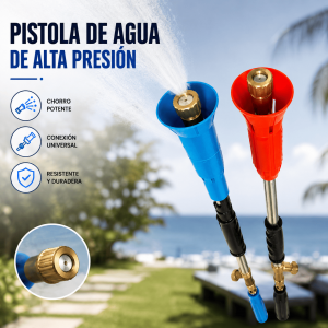 Pistola de agua de alta presión con boquilla de latón, ideal para limpieza de autos, patios, fachadas y riego de jardines. Venta por mayoreo.