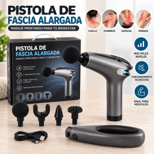 Pistola de fascia alargada con 4 cabezales intercambiables, varios niveles de intensidad y batería recargable. Ideal para masaje muscular. Venta por mayoreo.