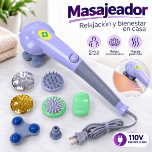 Masajeador eléctrico corporal 110V con 7 cabezales intercambiables, diseño ergonómico y enchufe plano. Ideal para masajes de relajación. Venta por mayoreo.