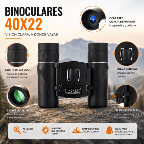 Binoculares compactos 40x22 con enfoque central, lentes de alta definición y diseño plegable. Ideales para camping, senderismo, viajes y observación. Venta por mayoreo. Binoculares compactos 40x22 con enfoque central, lentes de alta definición y diseño plegable. Ideales para camping, senderismo, viajes y observación. Venta por mayoreo.