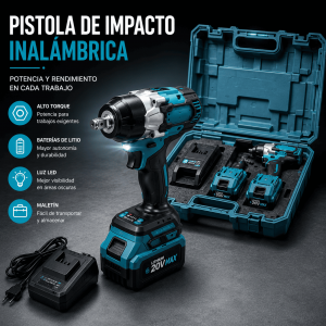 Pistola de impacto inalámbrica con 2 baterías de litio, cargador, maletín y accesorios. Herramienta potente para uso profesional y doméstico. Venta por mayoreo.
