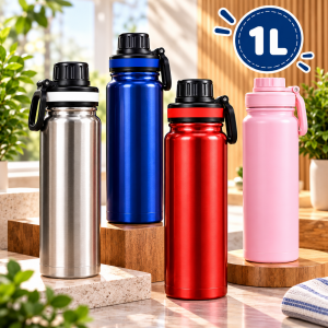 Termo de acero inoxidable con capacidad de 1 L, ideal para llevar bebidas durante el día.